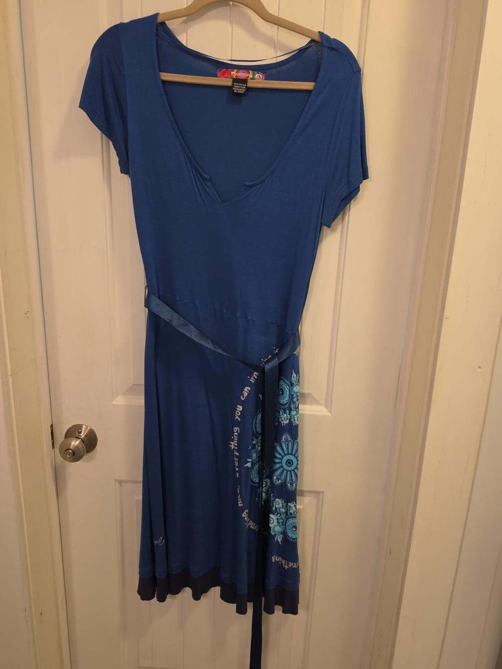 Desigual Royal Blue Short-Sleeve V-Neck Midi Dress with Floral Sash